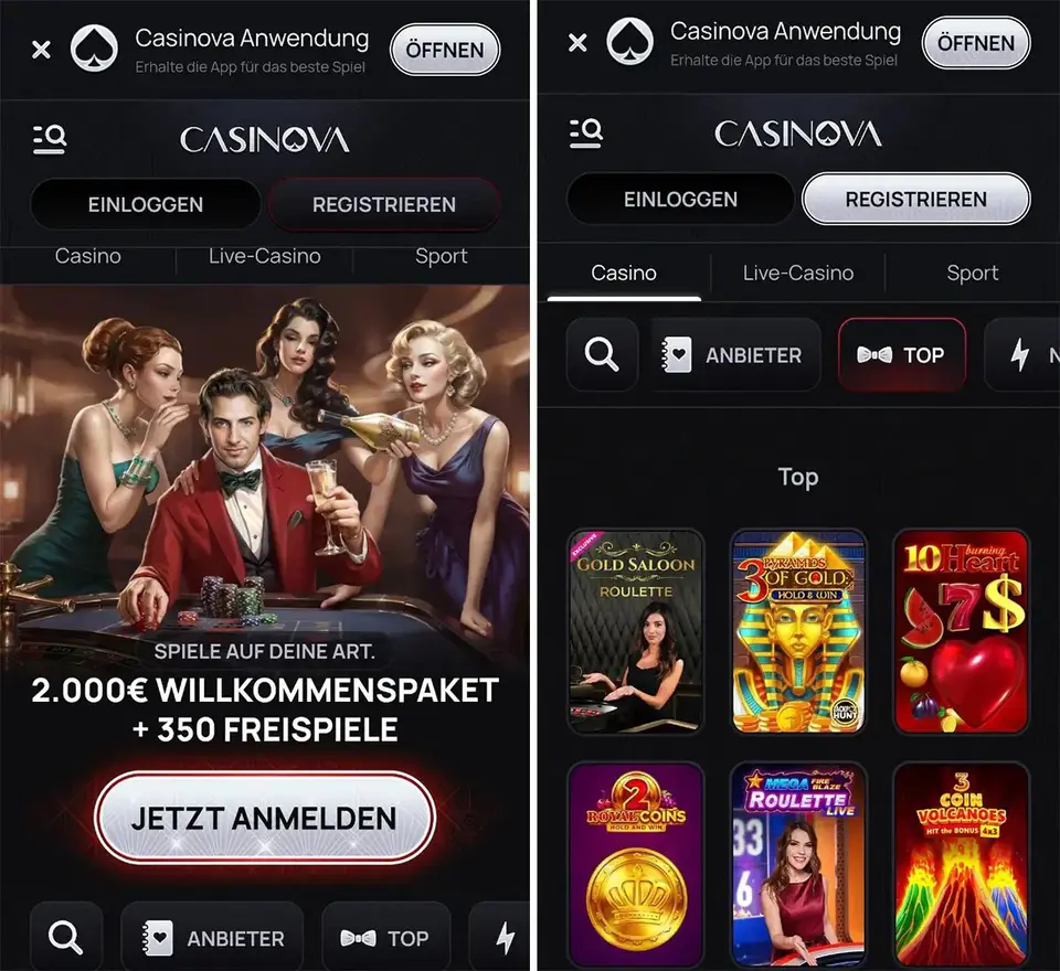Casinova mobiles Casino für Smartphone und Tablet